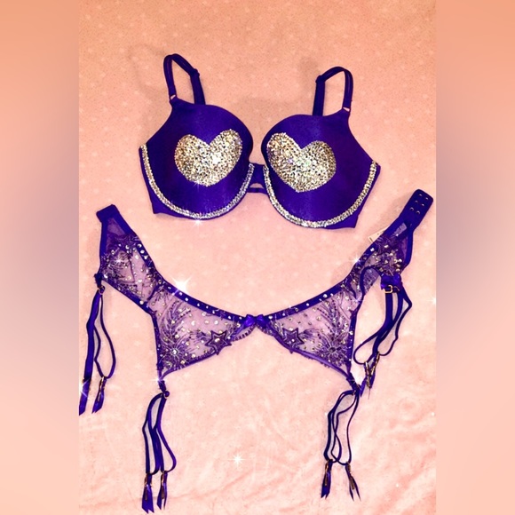 💗 VICTORIA SECRET FASHION SHOW CUSTOM BLING LINGERIE OUTFIT SET BRA GARTER 34DD - Picture 2 of 10